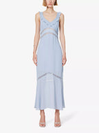 REFORMATION Purdie Frilly Trim Lace Panel Detail Crepe Blue Midi Dress - House Of Huntington