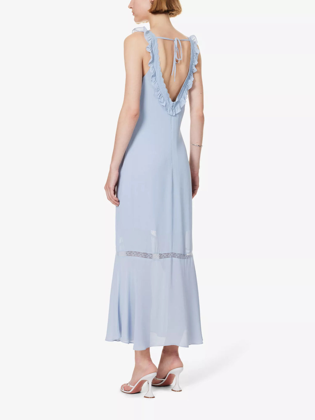 REFORMATION Purdie Frilly Trim Lace Panel Detail Crepe Blue Midi Dress - House Of Huntington