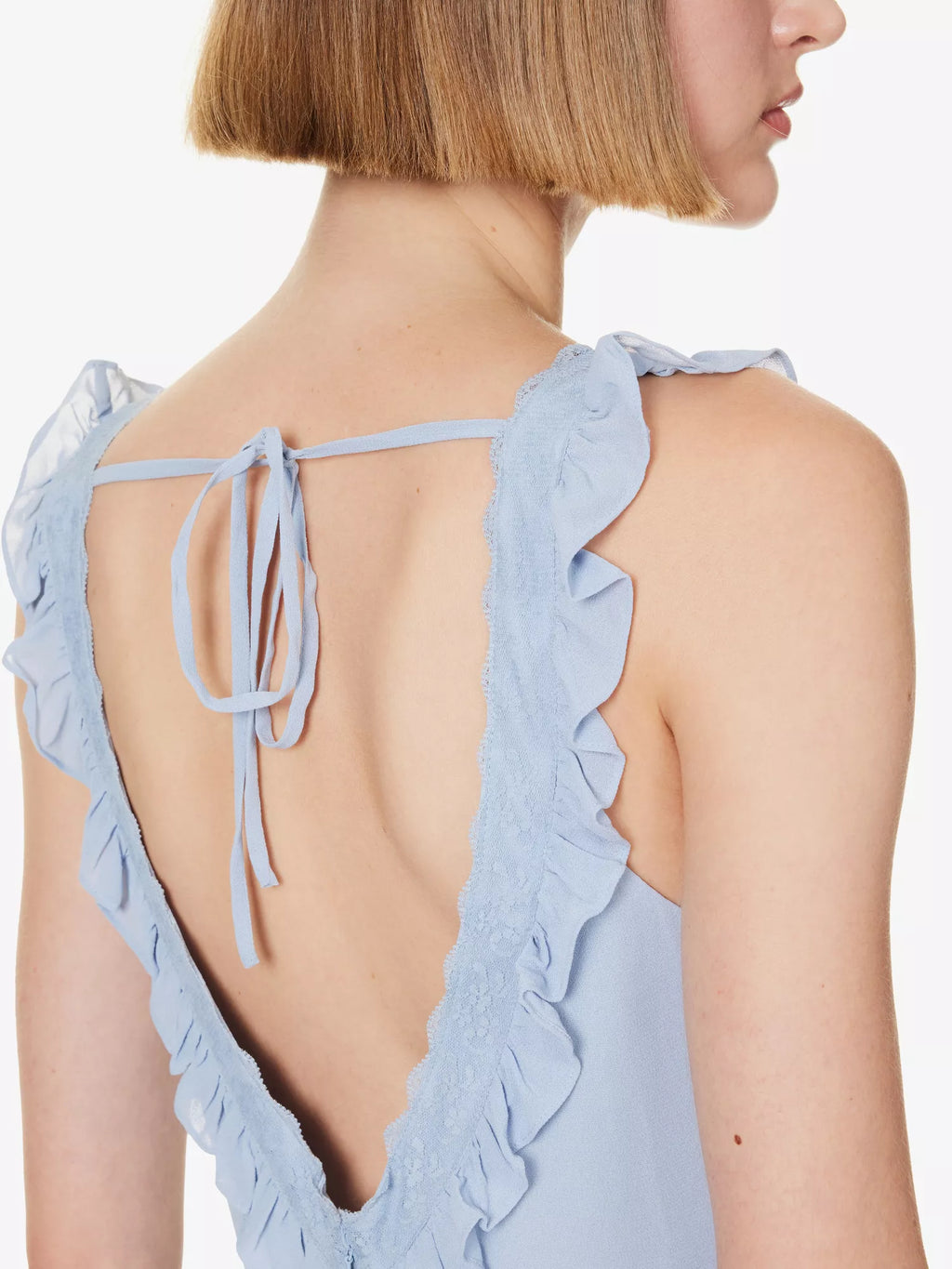 REFORMATION Purdie Frilly Trim Lace Panel Detail Crepe Blue Midi Dress - House Of Huntington