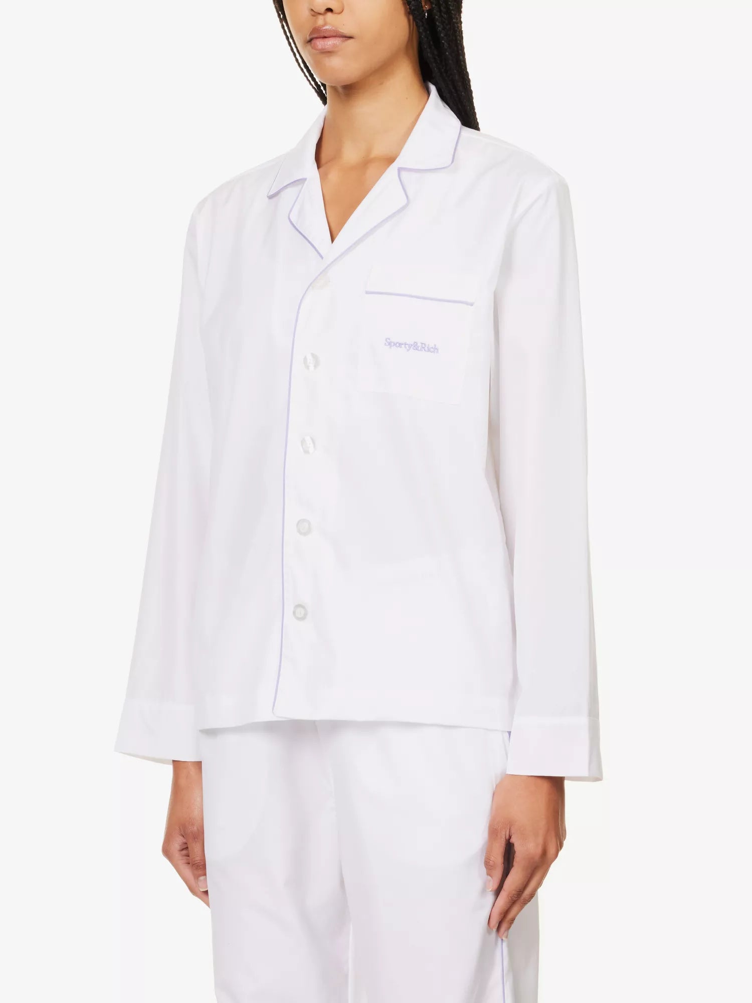 SPORTY & RICH Serif Embroidered Logo Contrast Piping Cotton Poplin Pyjama Top - House Of Huntington