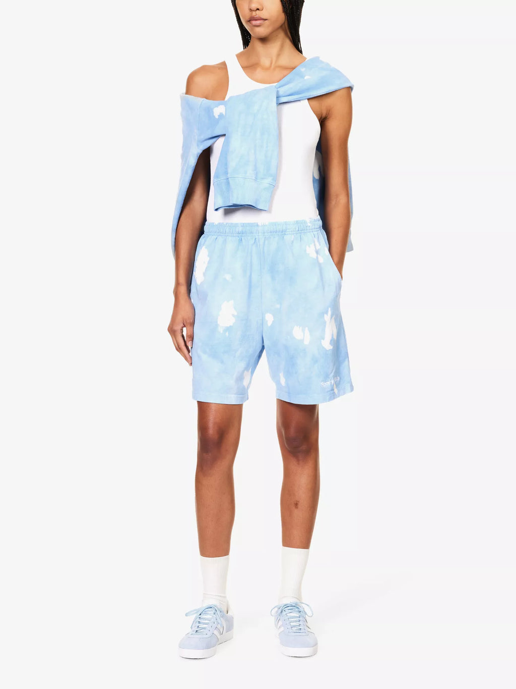 SPORTY & RICH Serif Font Logo Tie Dye Cotton Jersey Blue Shorts - House Of Huntington