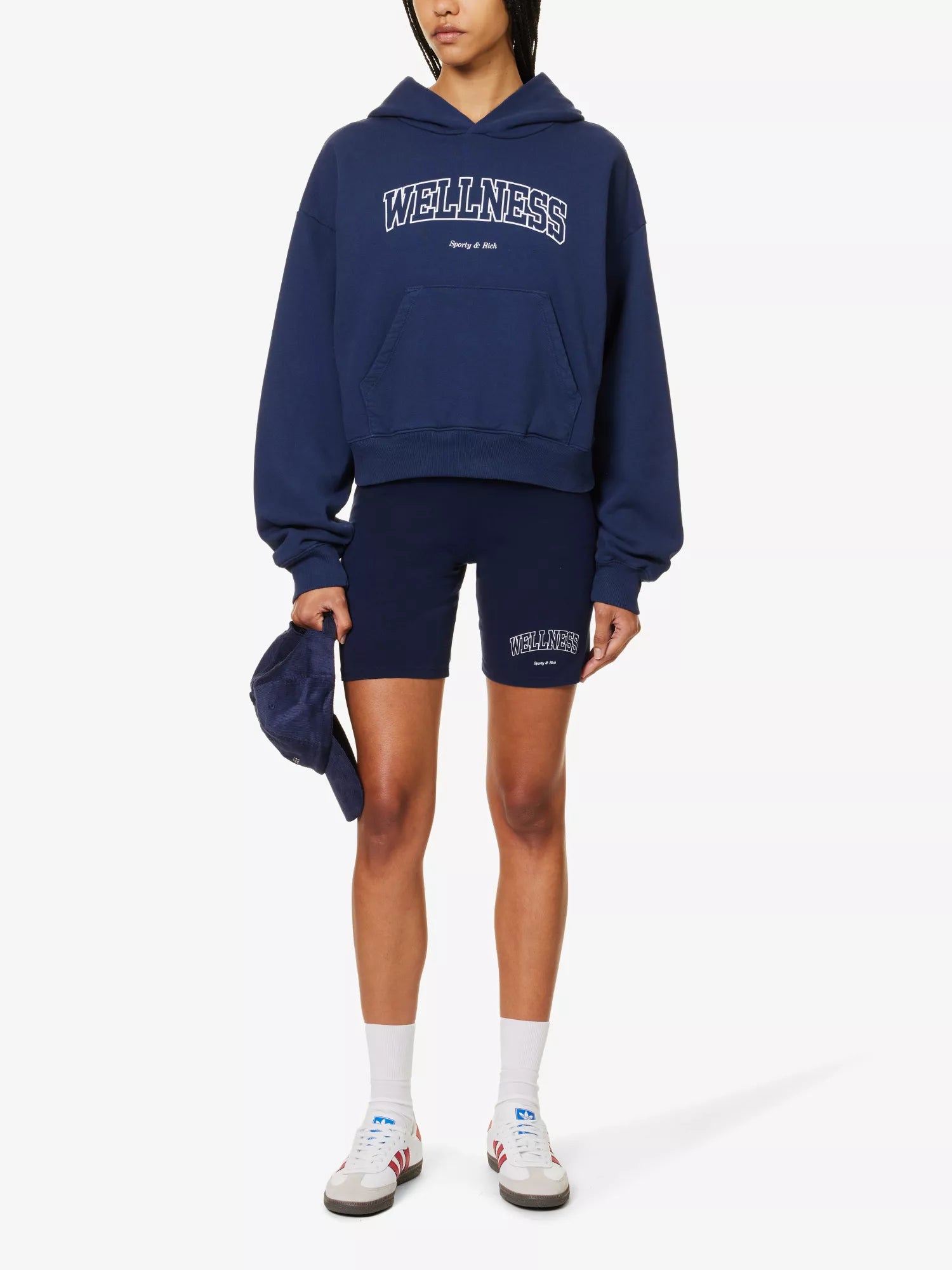 SPORTY & RICH Wellness Logo Print High Rise Stretch Cotton Navy White Biker Shorts - House Of Huntington