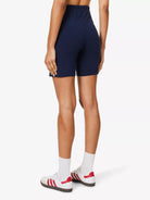 SPORTY & RICH Wellness Logo Print High Rise Stretch Cotton Navy White Biker Shorts - House Of Huntington