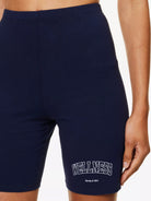 SPORTY & RICH Wellness Logo Print High Rise Stretch Cotton Navy White Biker Shorts - House Of Huntington