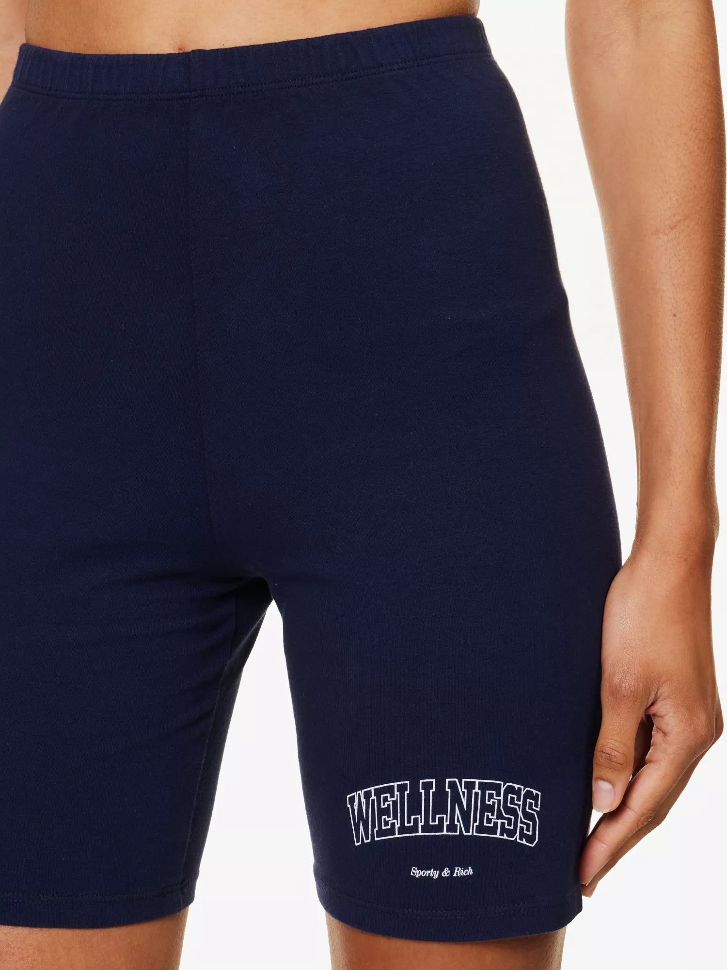 SPORTY & RICH Wellness Logo Print High Rise Stretch Cotton Navy White Biker Shorts - House Of Huntington