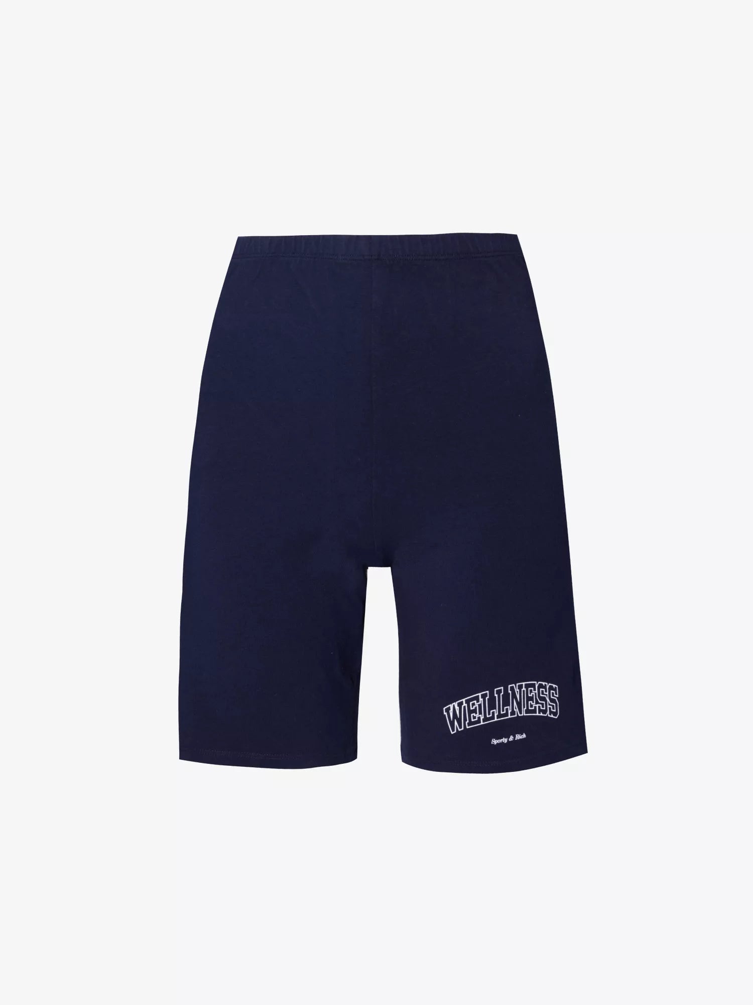 SPORTY & RICH Wellness Logo Print High Rise Stretch Cotton Navy White Biker Shorts - House Of Huntington