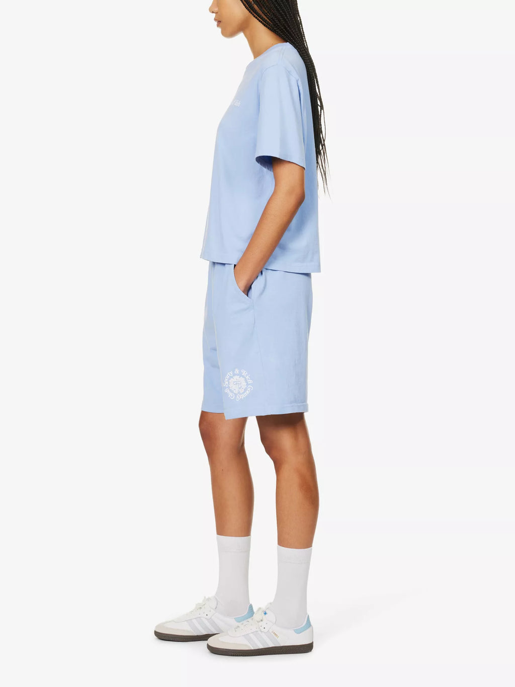 SPORTY & RICH Monte Carlo Mid Rise Cotton-Jersey Blue Retro Gym Shorts - House Of Huntington