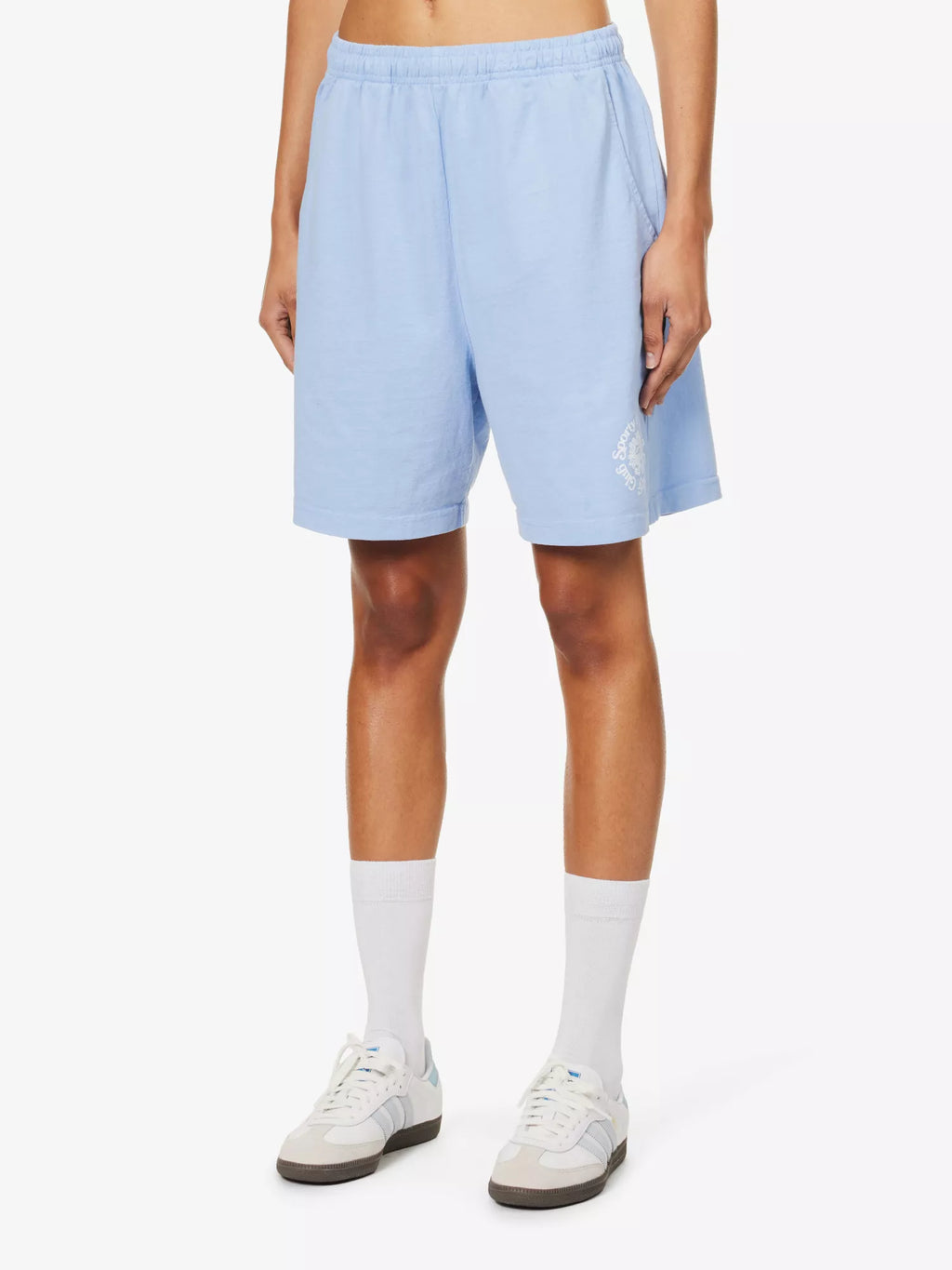 SPORTY & RICH Monte Carlo Mid Rise Cotton-Jersey Blue Retro Gym Shorts - House Of Huntington