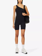 ANINE BING Lore One-Shoulder Logo Print Stretch-Woven Black Bodysuit Playsuit Unitard - House Of Huntington