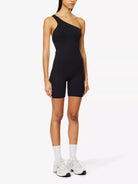 ANINE BING Lore One-Shoulder Logo Print Stretch-Woven Black Bodysuit Playsuit Unitard - House Of Huntington