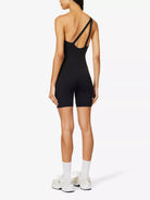 ANINE BING Lore One-Shoulder Logo Print Stretch-Woven Black Bodysuit Playsuit Unitard - House Of Huntington