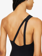 ANINE BING Lore One-Shoulder Logo Print Stretch-Woven Black Bodysuit Playsuit Unitard - House Of Huntington