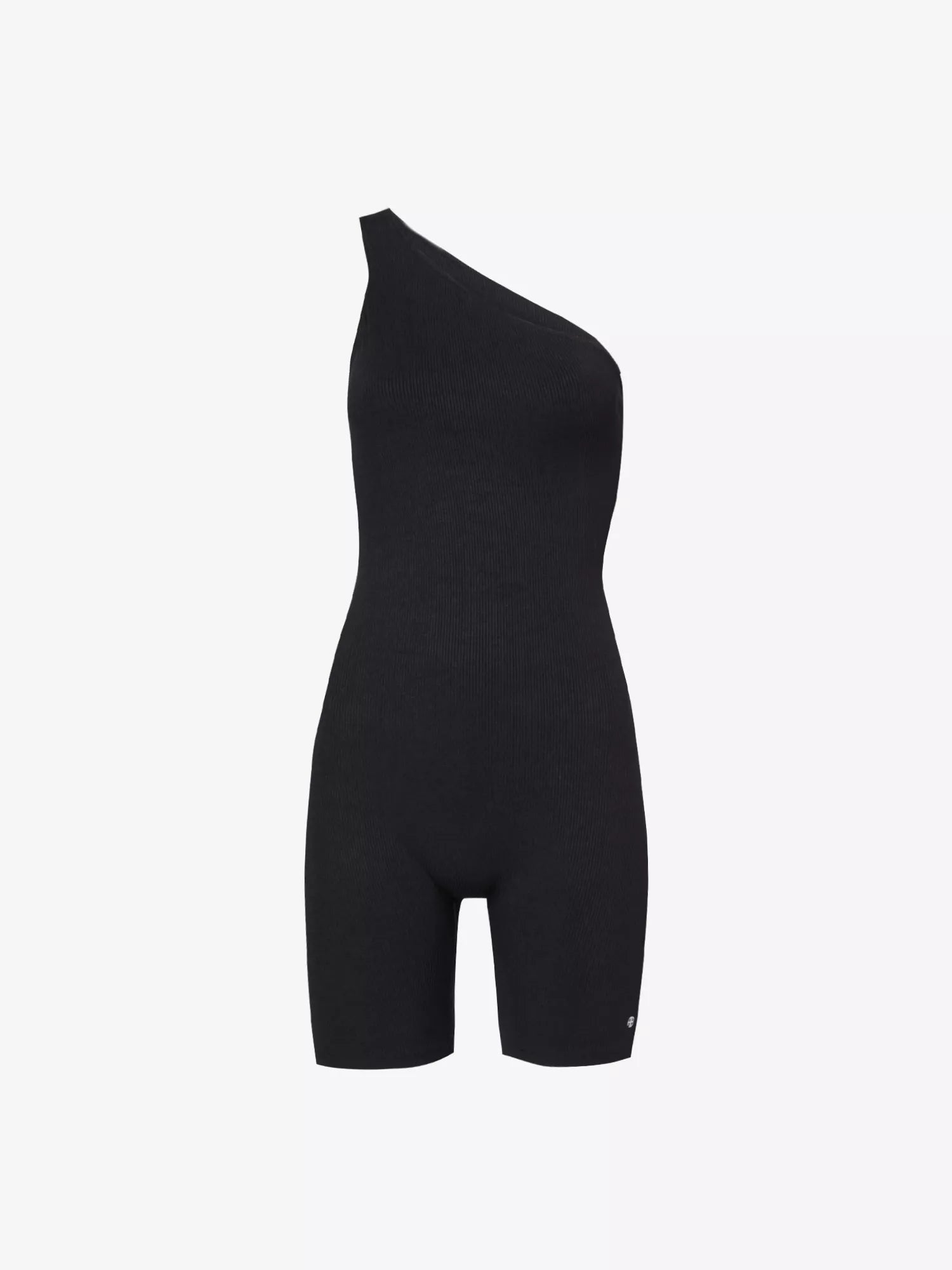 ANINE BING Lore One-Shoulder Logo Print Stretch-Woven Black Bodysuit Playsuit Unitard - House Of Huntington