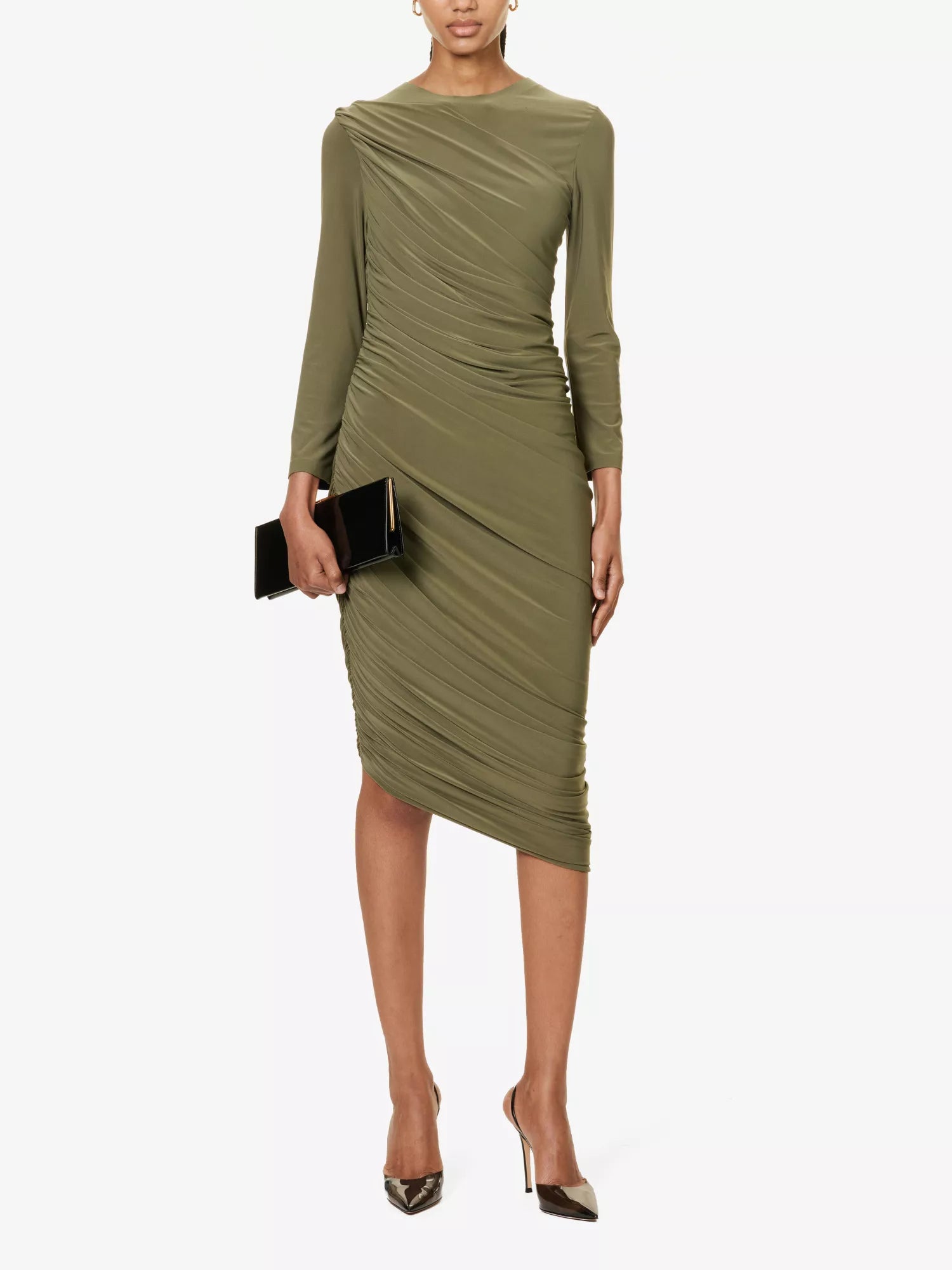 NORMA KAMALI Diana Ruched Long Sleeve Green Midi Dress NORMA KAMALI Diana Ruched Long Sleeve Green Midi Dress