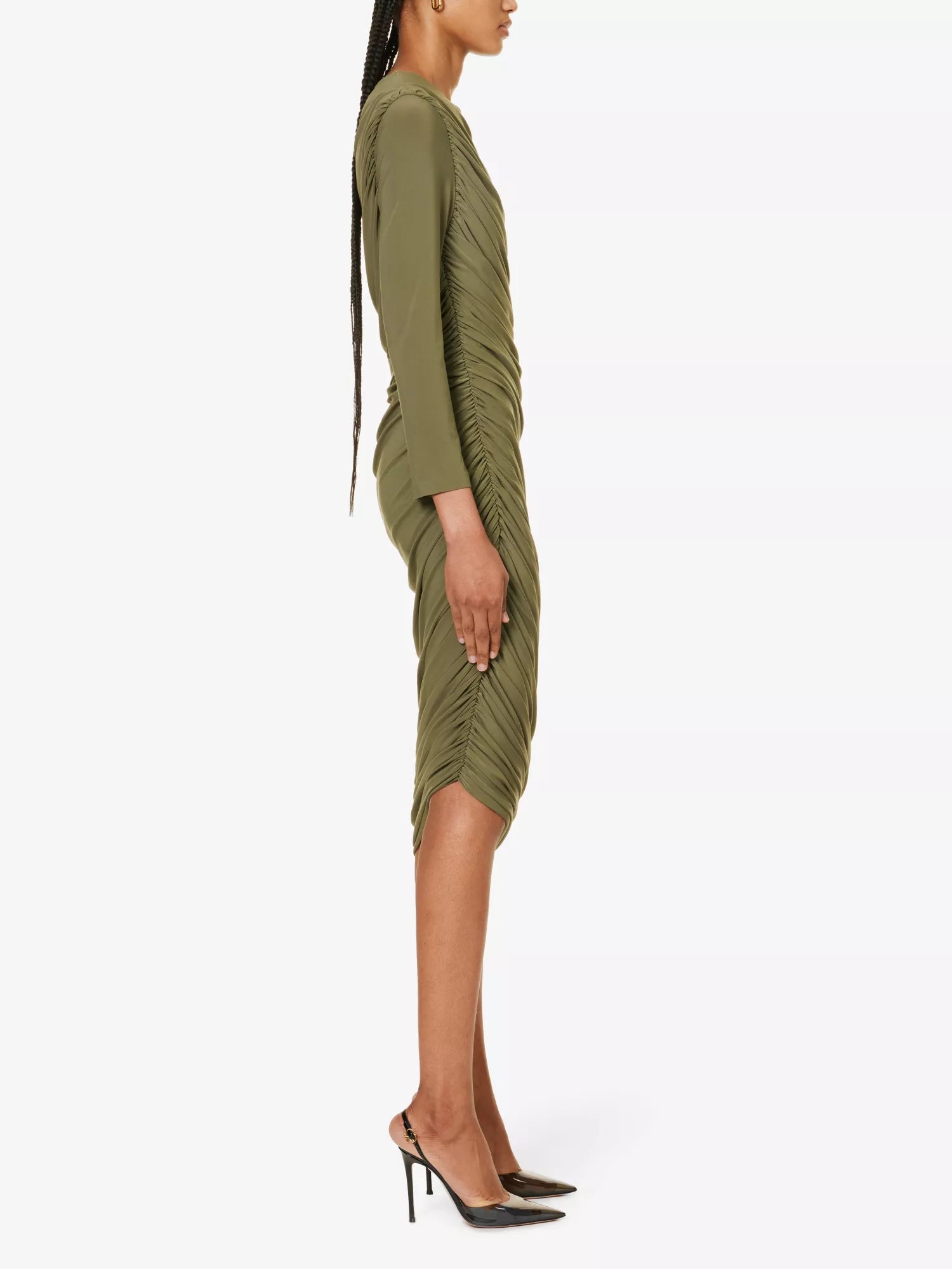 NORMA KAMALI Diana Ruched Long Sleeve Green Midi Dress House Of Huntington NORMA KAMALI Diana Ruched Long Sleeve Green Midi Dress House Of Huntington