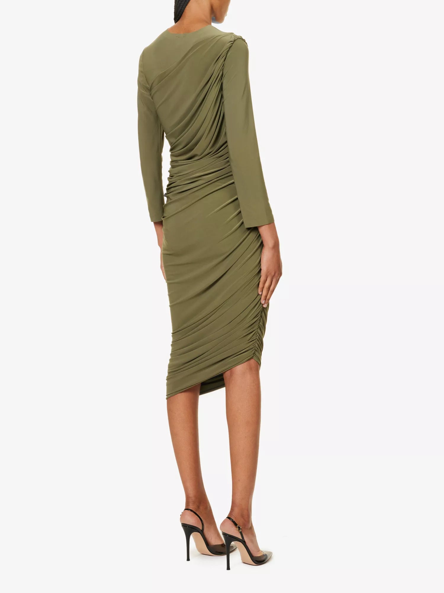 NORMA KAMALI Diana Ruched Long Sleeve Green Midi Dress - House Of Huntington