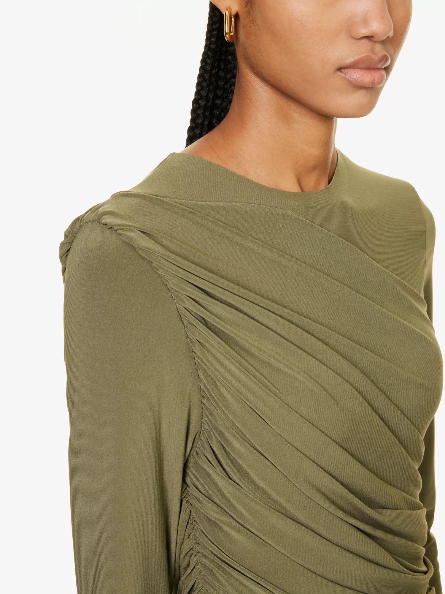 NORMA KAMALI Diana Ruched Long Sleeve Green Midi Dress House Of Huntington NORMA KAMALI Diana Ruched Long Sleeve Green Midi Dress House Of Huntington