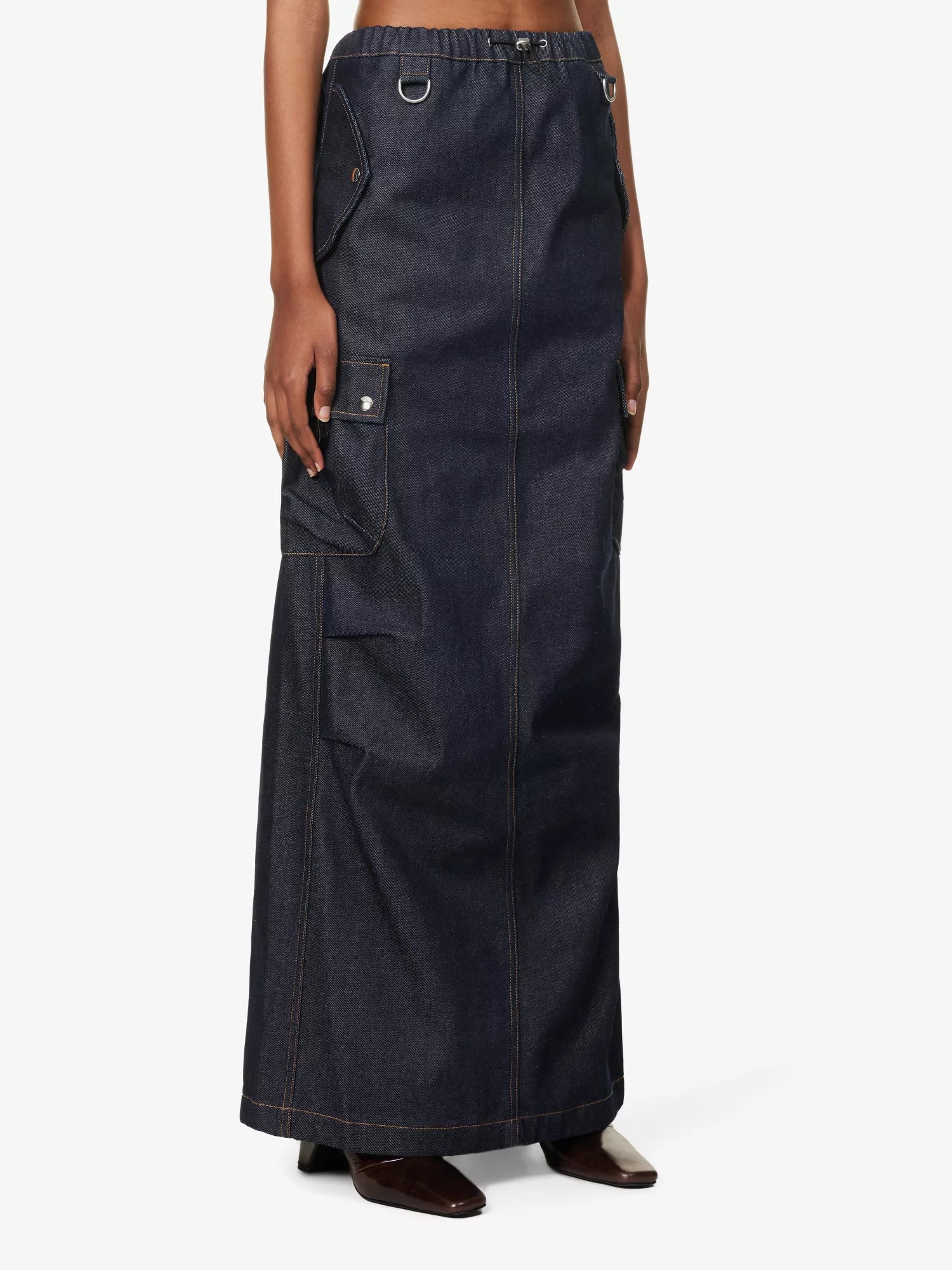 COPERNI Cargo Denim Dark Wash Logo Patch Pocket Detail Maxi Skirt - House Of Huntington