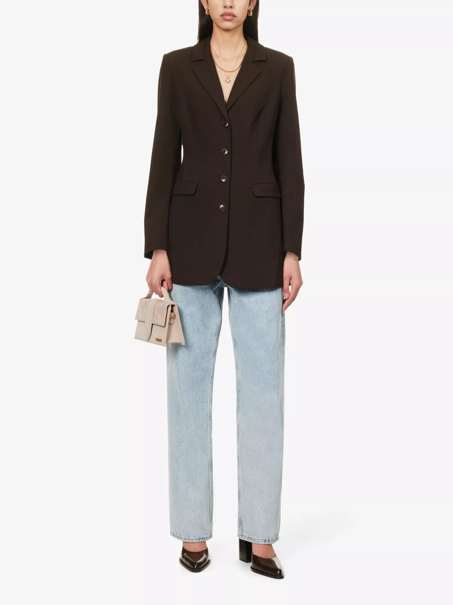 REFORMATION Jacques Padded Shoulder Chocolate Brown Stretch Woven Blazer - House Of Huntington