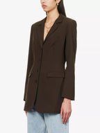 REFORMATION Jacques Padded Shoulder Chocolate Brown Stretch Woven Blazer - House Of Huntington