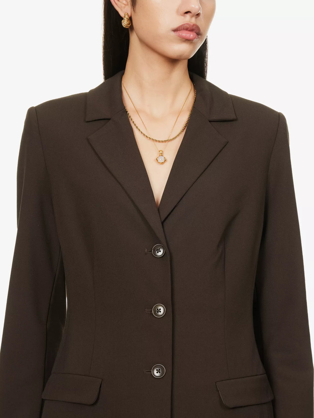 REFORMATION Jacques Padded Shoulder Chocolate Brown Stretch Woven Blazer - House Of Huntington
