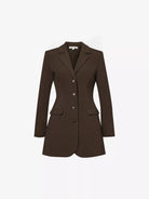 REFORMATION Jacques Padded Shoulder Chocolate Brown Stretch Woven Blazer - House Of Huntington