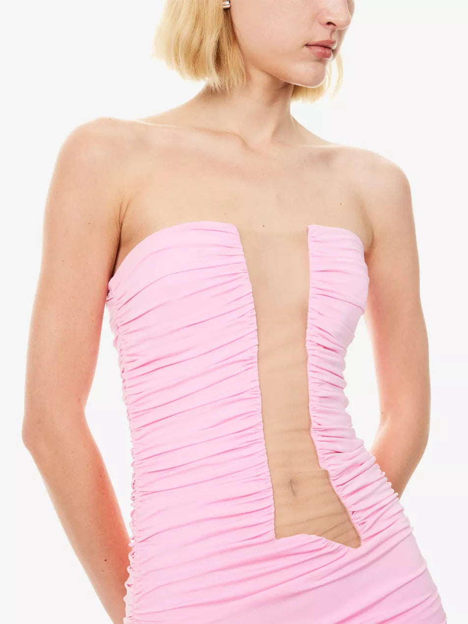 Nensi Dojaka Pink Ruched Strapless Low Cut-Out Mini Dress