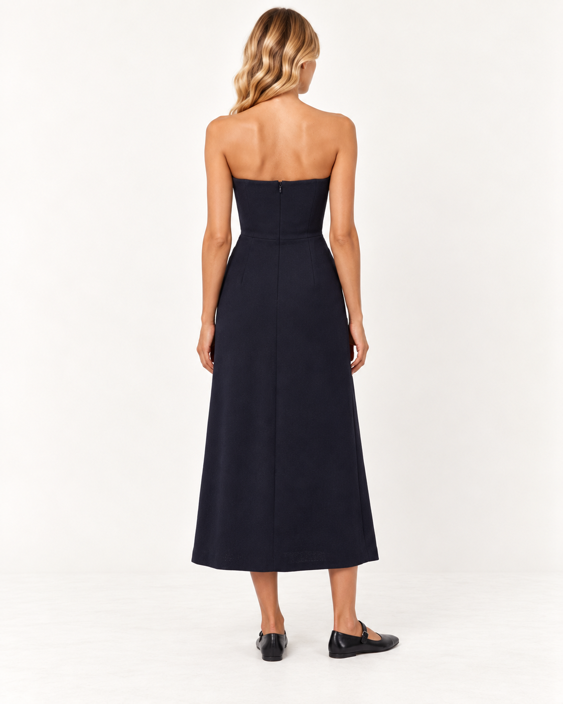 Raey Wool Crepe Navy Strapless Bodice Midi Dress