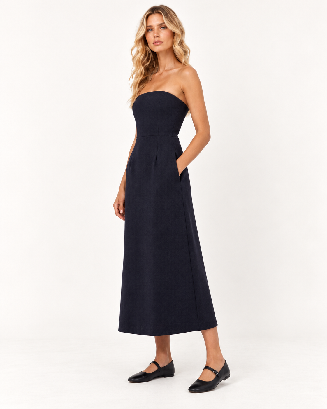 Raey Wool Crepe Navy Strapless Bodice Midi Dress 
