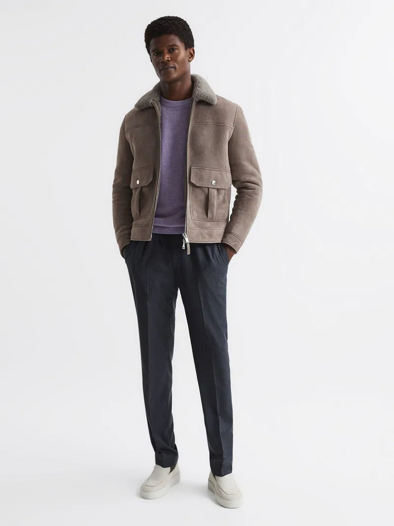 Reiss Kurow Grey Suede Shearling Jacket - House Of Huntington