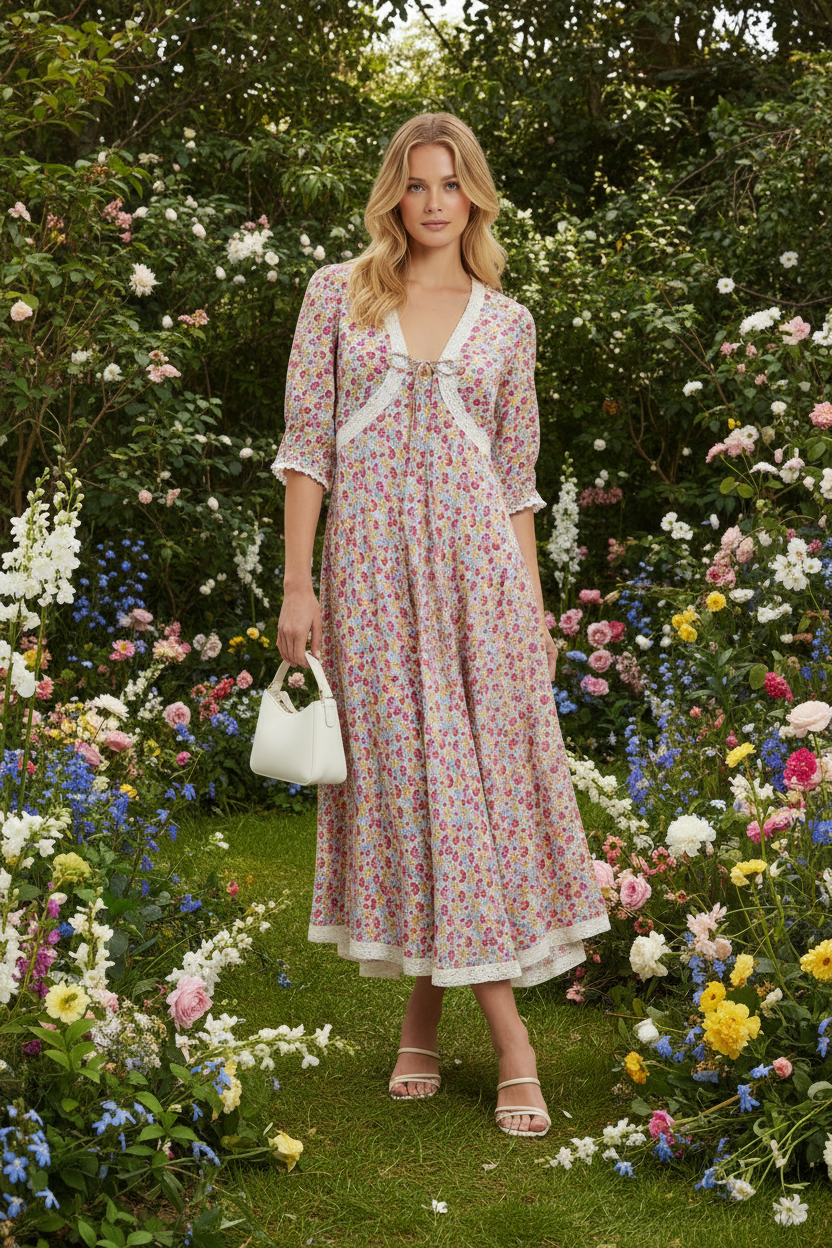 Rixo London Amina Pansy Floral Print Woven Midi Dress