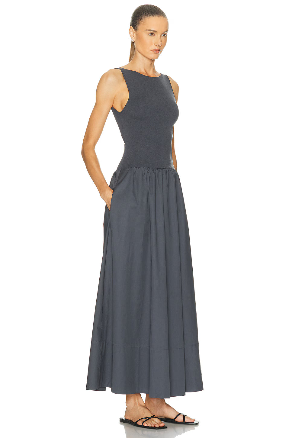 St Agni Grey Poplin Bateau Cut Out Dress