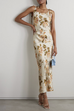 REFORMATION Aden Floral Silk Bow Detail Square Neck Midi Dress - House Of Huntington