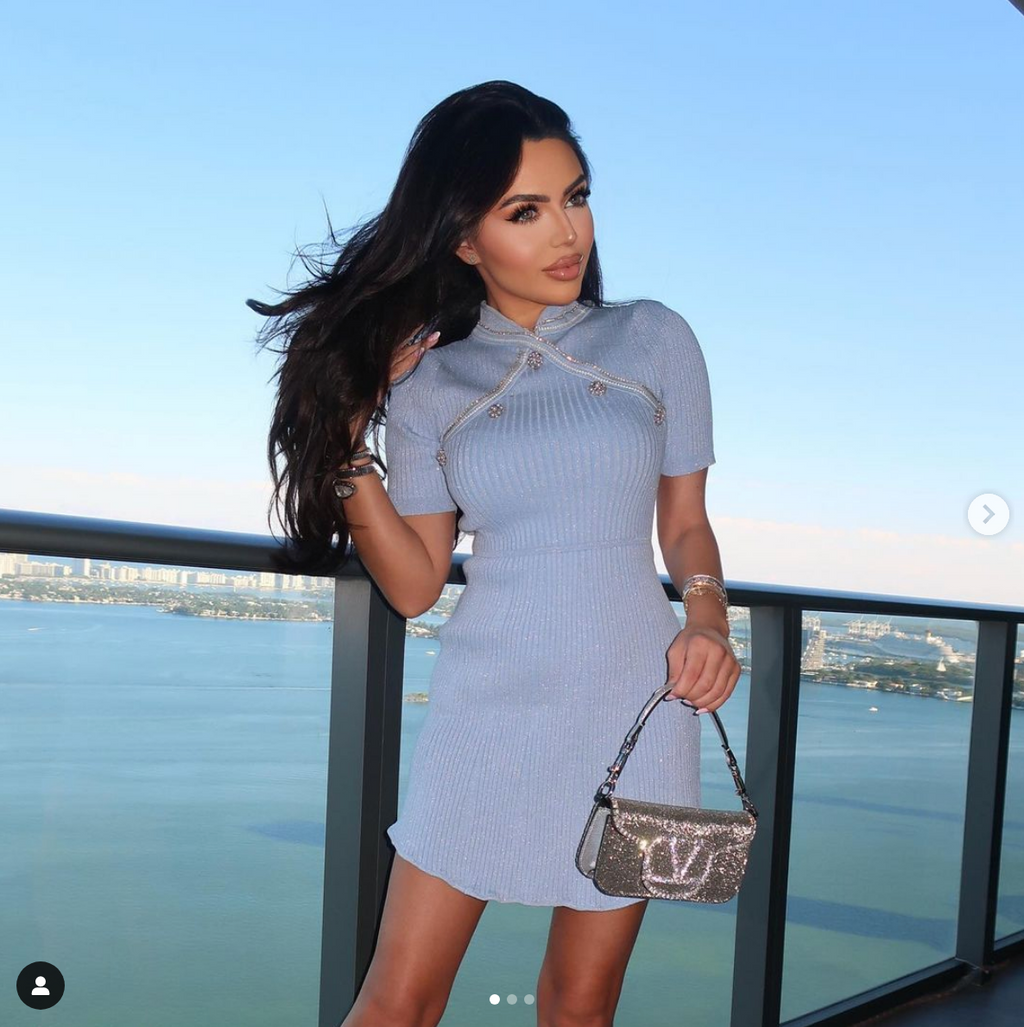 ZELFPORTRET Crystal verfraaid Mandarijn kraag ribgebreide blauwe mini-jurk