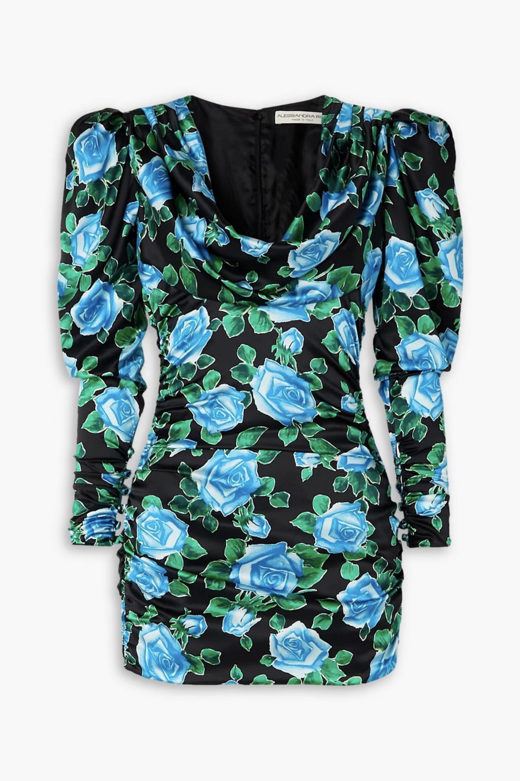 ALESSANDRA RICH Draped Floral Print Black Blue Silk Satin Mini Dress - House Of Huntington