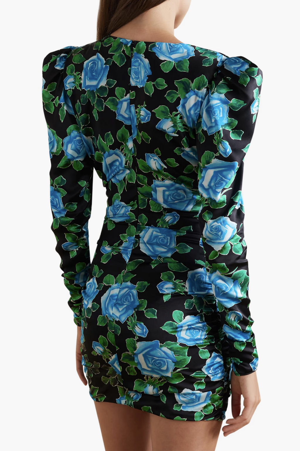 ALESSANDRA RICH Draped Floral Print Black Blue Silk Satin Mini Dress - House Of Huntington