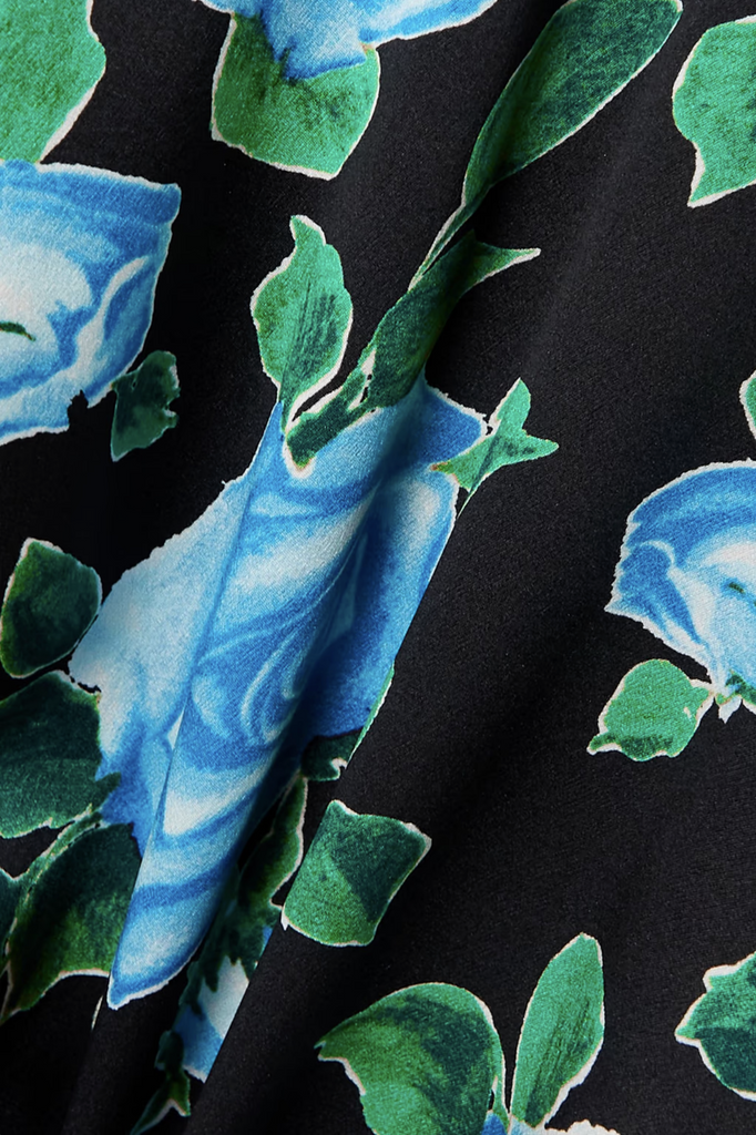 ALESSANDRA RICH Draped Floral Print Black Blue Silk Satin Mini Dress
