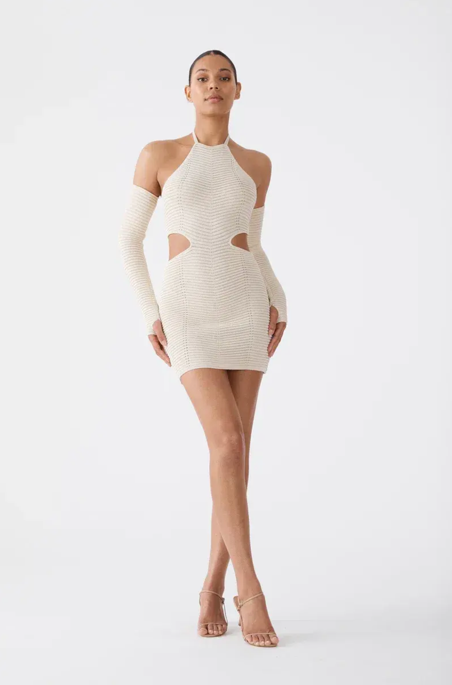 SAN SLOANE Maele Nude Cut-Out Knit Halterneck Mini Dress - House Of Huntington