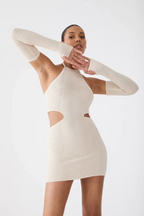 SAN SLOANE Maele Nude Cut-Out Knit Halterneck Mini Dress - House Of Huntington