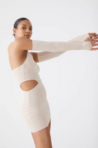SAN SLOANE Maele Nude Cut-Out Knit Halterneck Mini Dress - House Of Huntington