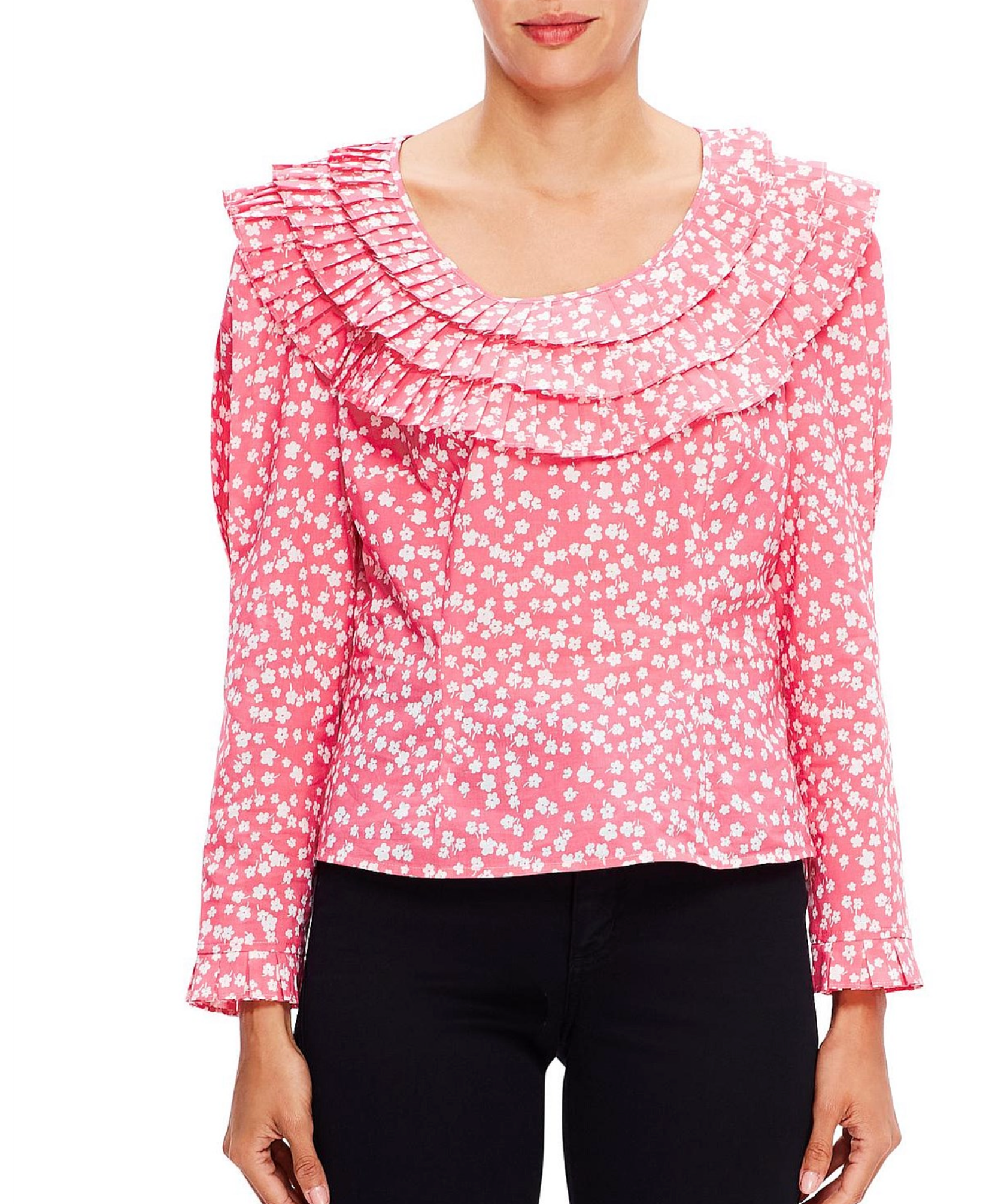 Rixo London Pink Ditsy Daisy Floral Ruffle Pleat Neck Leila Blouse - House Of Huntington