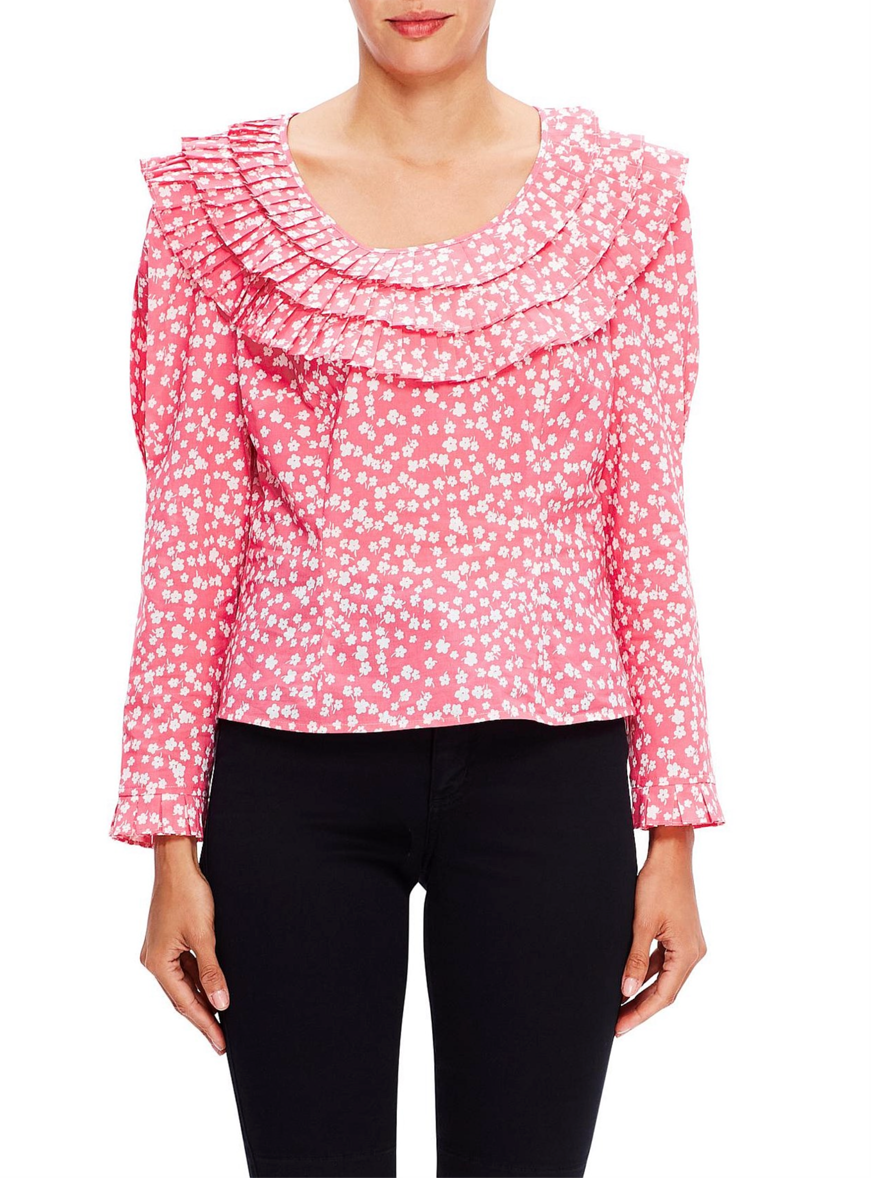 Rixo London Pink Ditsy Daisy Floral Ruffle Pleat Neck Leila Blouse - House Of Huntington