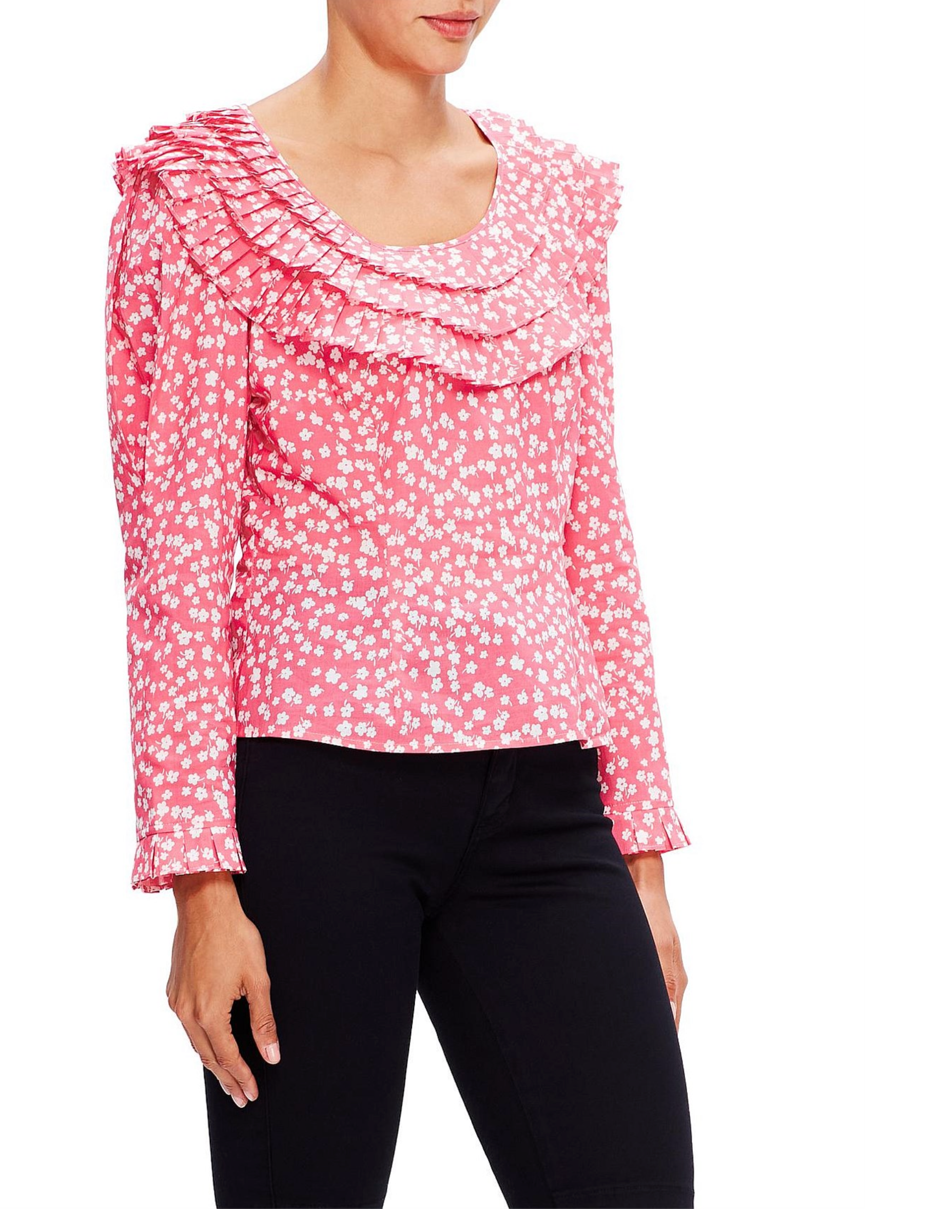 Rixo London Pink Ditsy Daisy Floral Ruffle Pleat Neck Leila Blouse - House Of Huntington