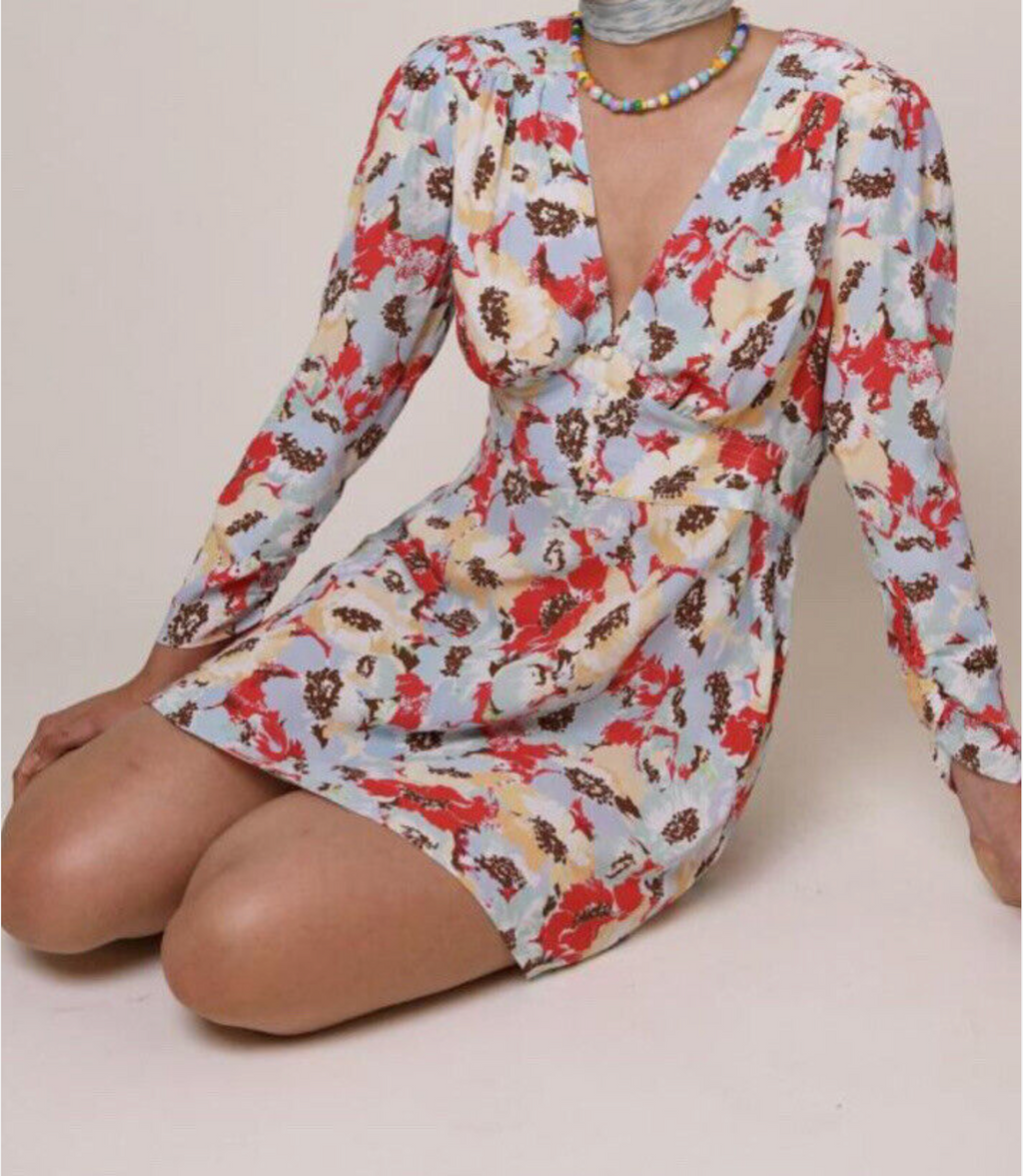 Rixo London Jules Poppies Floral Print Button Front V-Neck Summer Mini Dress - House Of Huntington