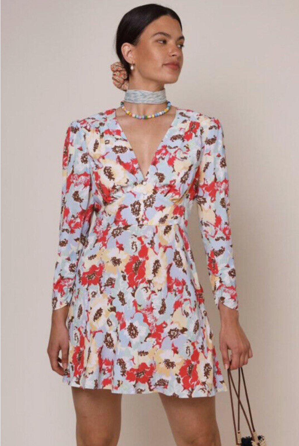 Rixo London Jules Poppies Floral Print Button Front V-Neck Summer Mini Dress - House Of Huntington