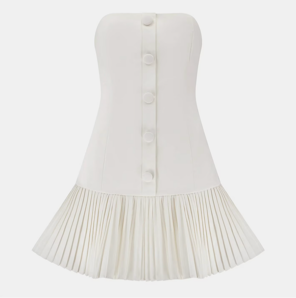 Odd Muse White The Ultimate Button Up Strapless Pleat Hem Mini Dress