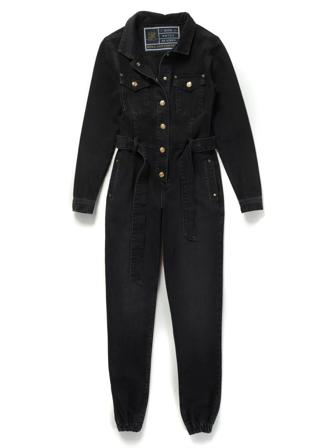 Holland Cooper Denim Gold Button Detail Jumpsuit in Washed Black