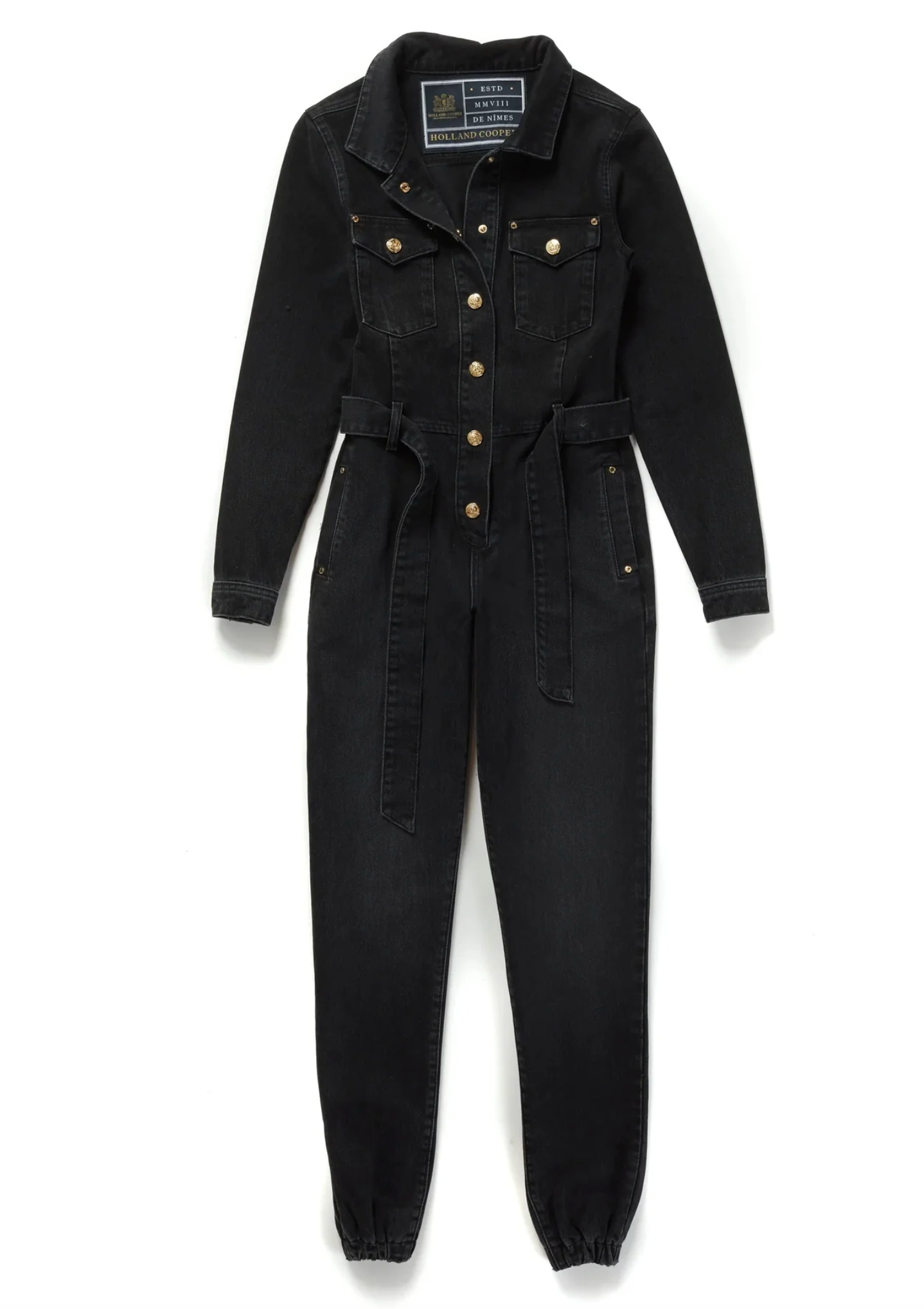 Holland Cooper Denim Gold Button Detail Jumpsuit in Washed Black