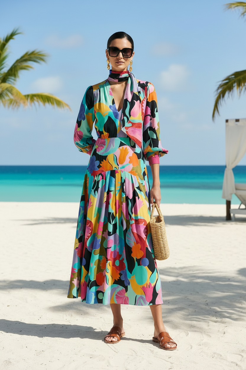 Rixo London Drape Neck Colourful Bold Print Marigold Dress