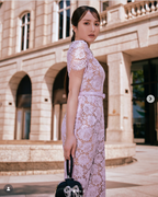Self-Portrait Pink Floral Lace Pearl Embellished Neck Belted Midi Dress